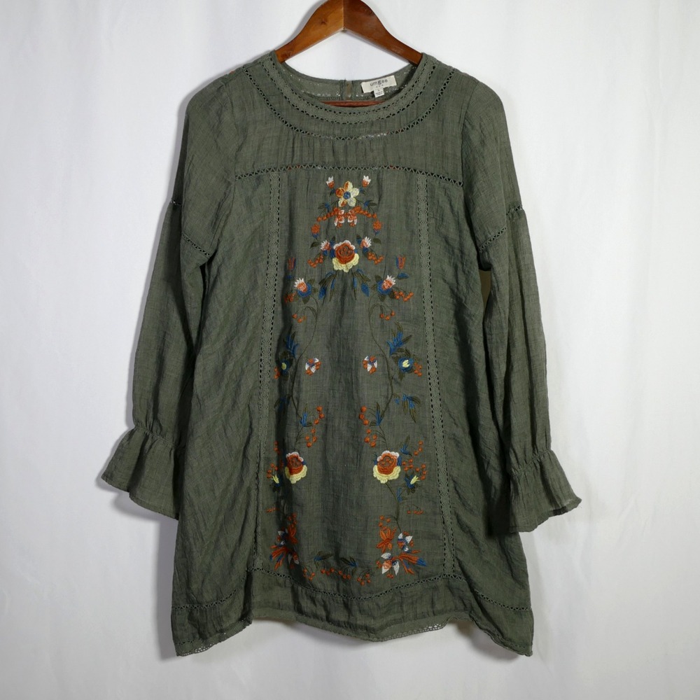 Umgee Womens Boho Floral Embroidered Festival Tunic Dress Size S Forest Fairy